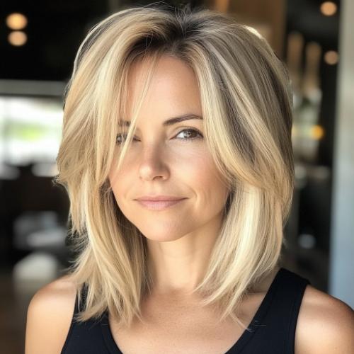 Bob largo con capas para mujer mayor de 40 con cabello fino