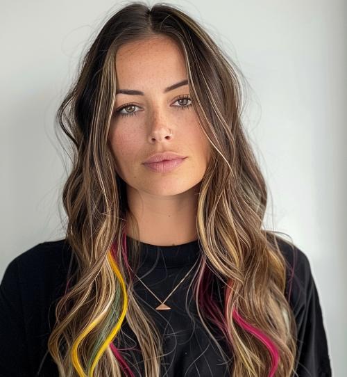 Estilo de cabello largo para mujer con mechones de colores