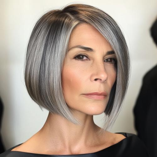 corte de pelo bob gris con parte lateral profunda para mujer mayor de 50