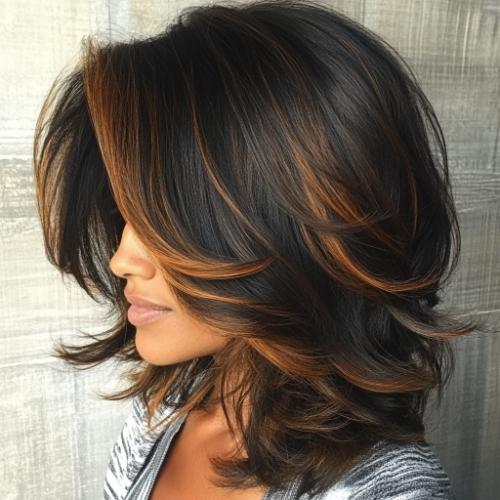 lob largo en capas con balayage caramelo