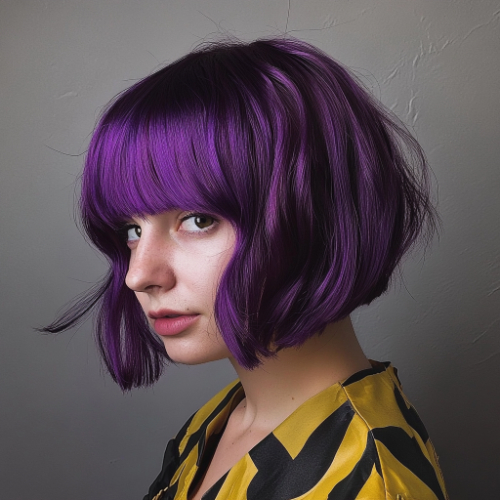 Estilo bob morado en cabello corto con volumen