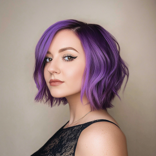 Estilo bob corto en un morado vibrante con flequillo