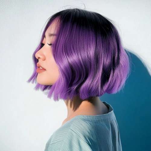 Bob morado corto con acabados elegantes