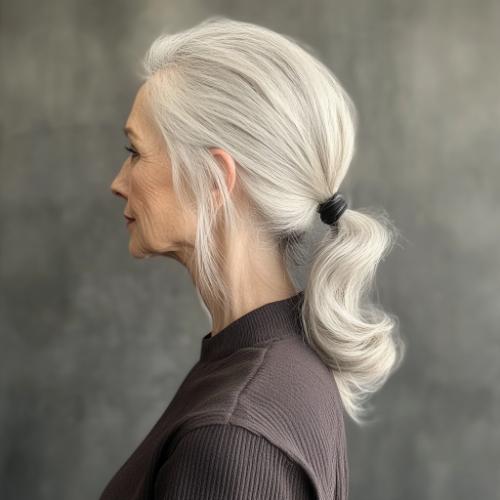 ponytail para mujer de edad avanzada con cabello gris