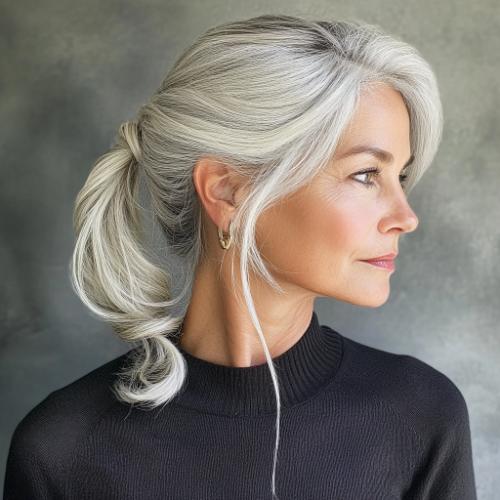 ponytail para mujer de más de 50 con cabello gris