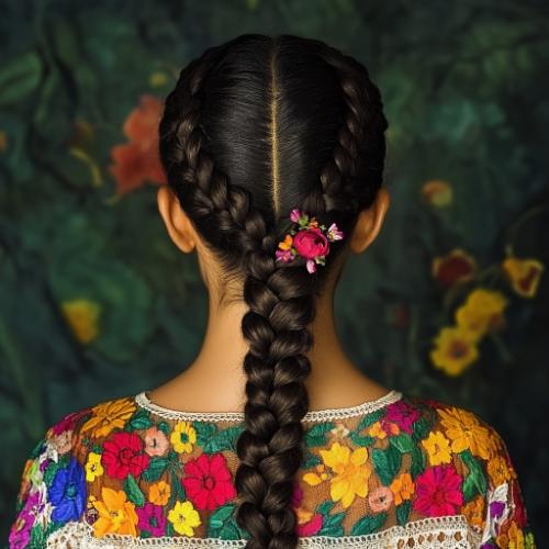 Trenzas mexicanas creativas con un diseño detallado y adornos vibrantes